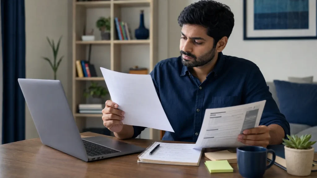 Indian professional comparing a resume, job description and career notes beside a laptop
