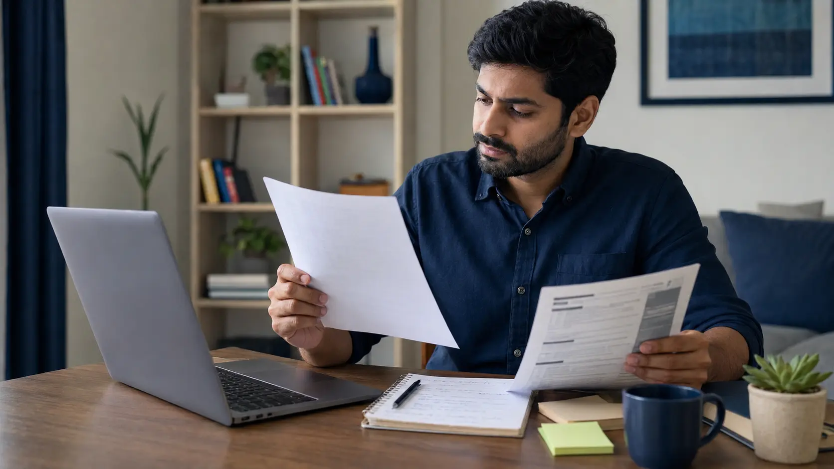 Indian professional comparing a resume, job description and career notes beside a laptop