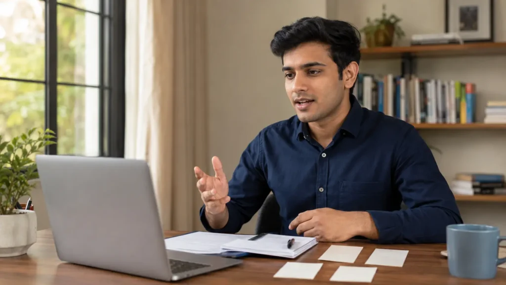 Indian professional practising an interview answer aloud with a laptop, resume, notebook and question cards