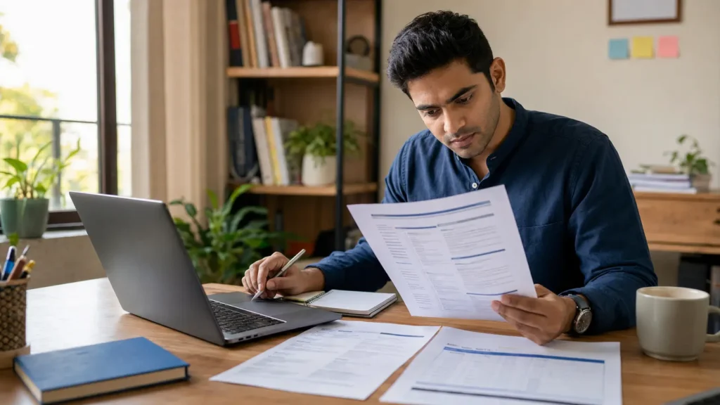 Indian professional comparing an AI-assisted job-search draft with a resume, job listings and an application tracker