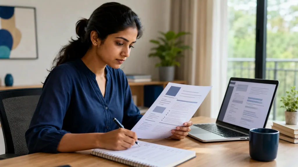 Indian professional comparing an AI resume-builder draft with a printed resume and verification checklist