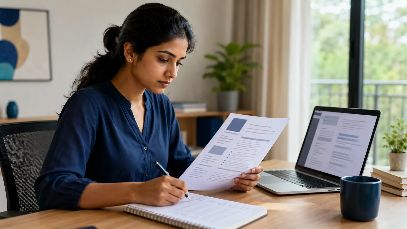 Indian professional comparing an AI resume-builder draft with a printed resume and verification checklist