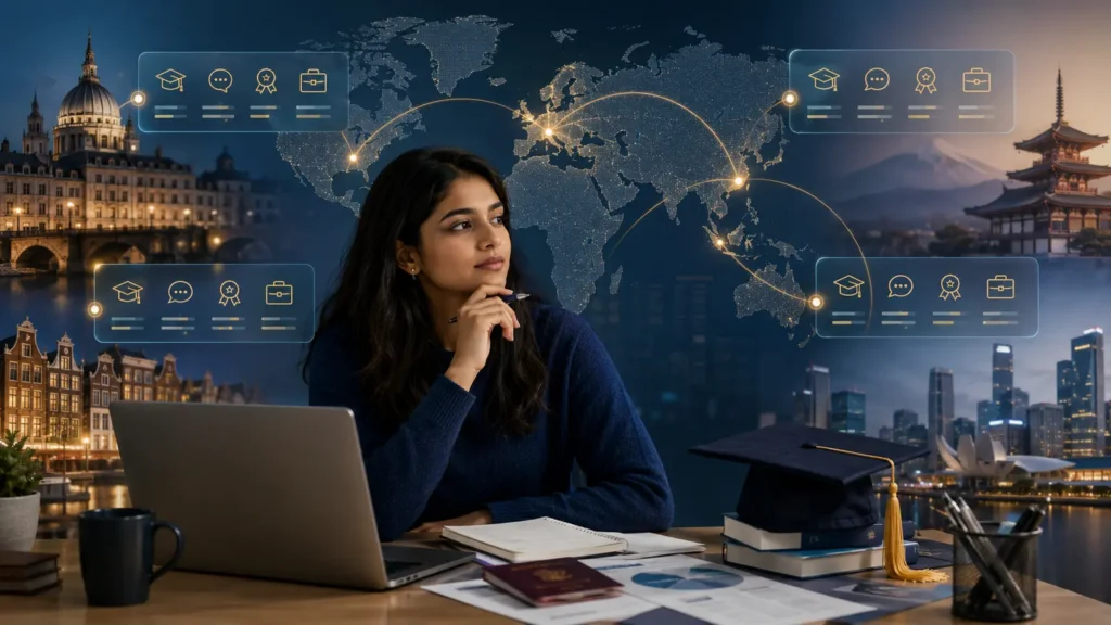 Indian student comparing international study destinations, costs and career routes