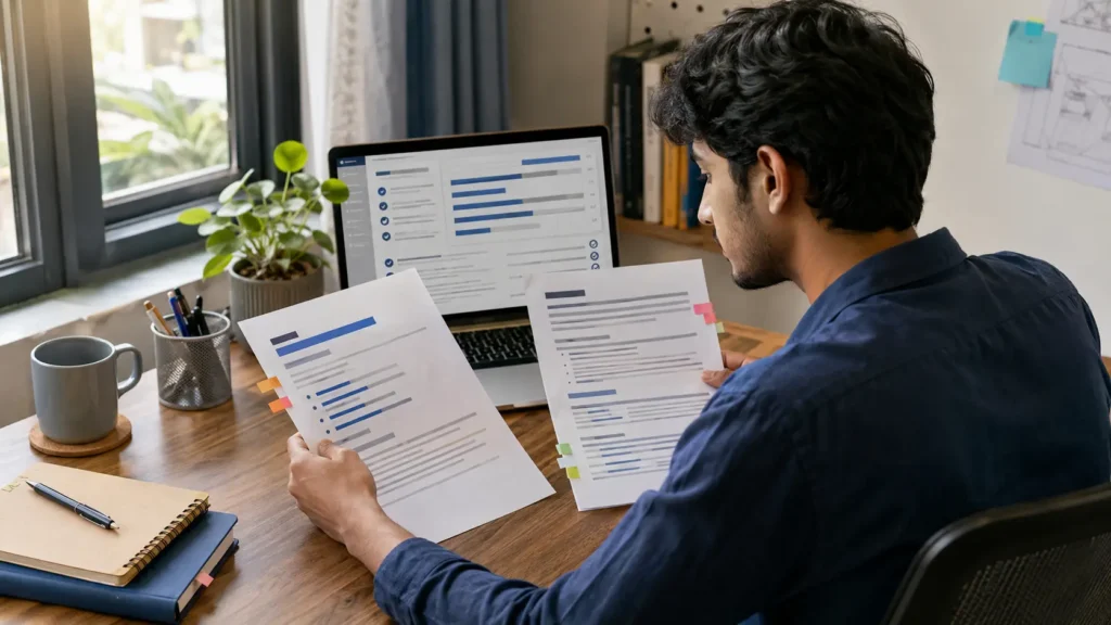Free ATS score checker for an Indian job seeker comparing a resume with a job description and diagnostic checklist