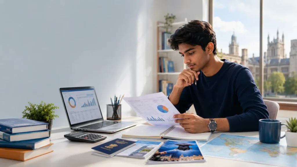 Indian student comparing scholarships, education loans and a study abroad budget