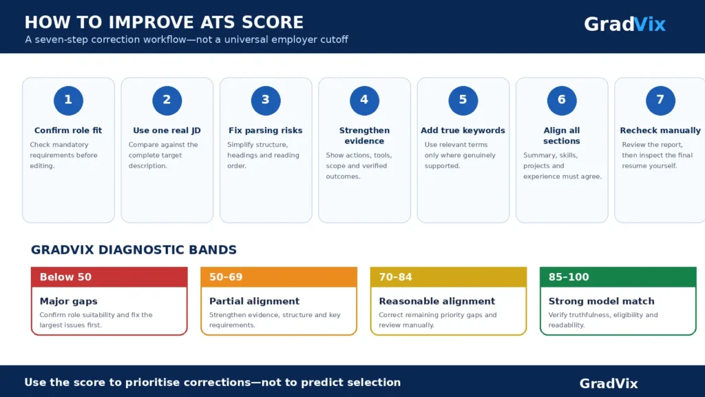 How to improve ATS score using a seven-step workflow covering role fit, job-description terms, resume structure, evidence, skills, proofreading and final recheck