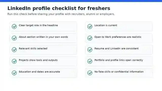 LinkedIn profile mistakes checklist covering role clarity, headline, About section, skills, evidence, profile consistency and privacy