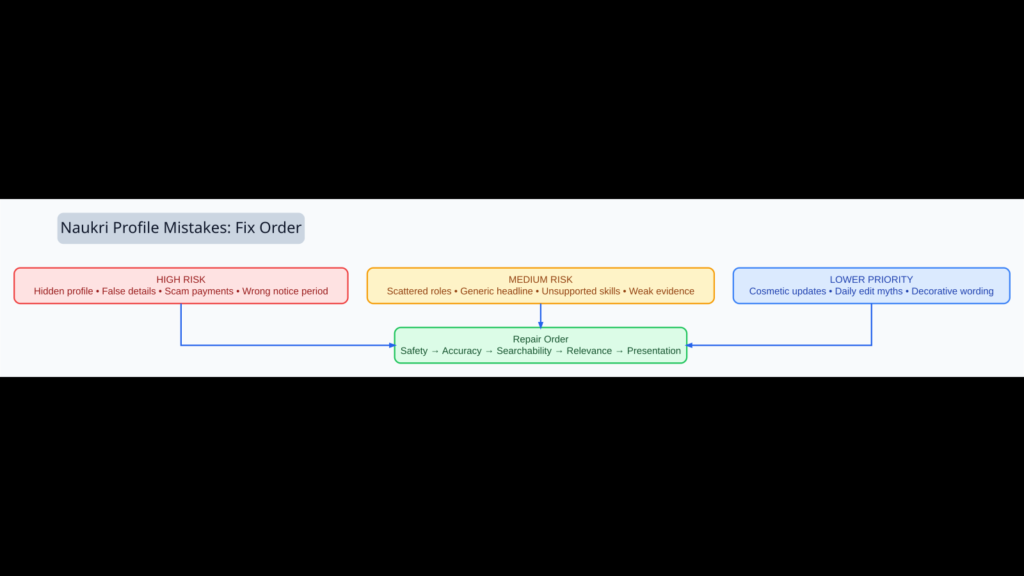 Naukri profile mistakes priority graphic showing high-risk, medium-risk and lower-priority issues with the correct repair order