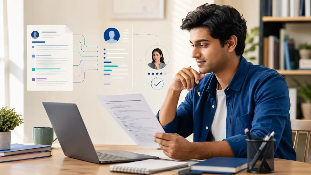 Indian job seeker reviewing an ATS-friendly resume with software parsing and human recruiter evaluation