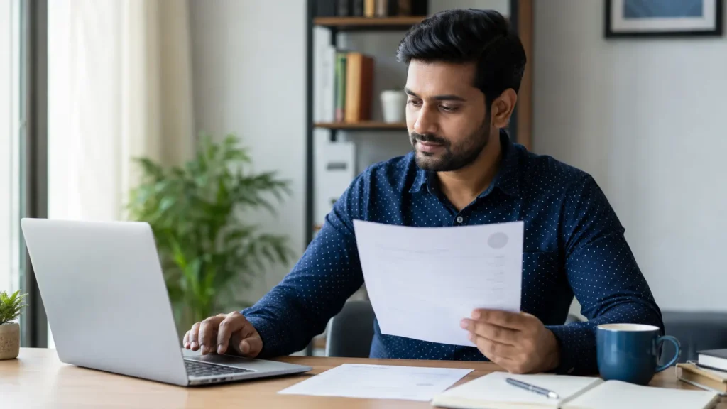 Indian job seeker comparing a printed resume with information extracted into an online job application